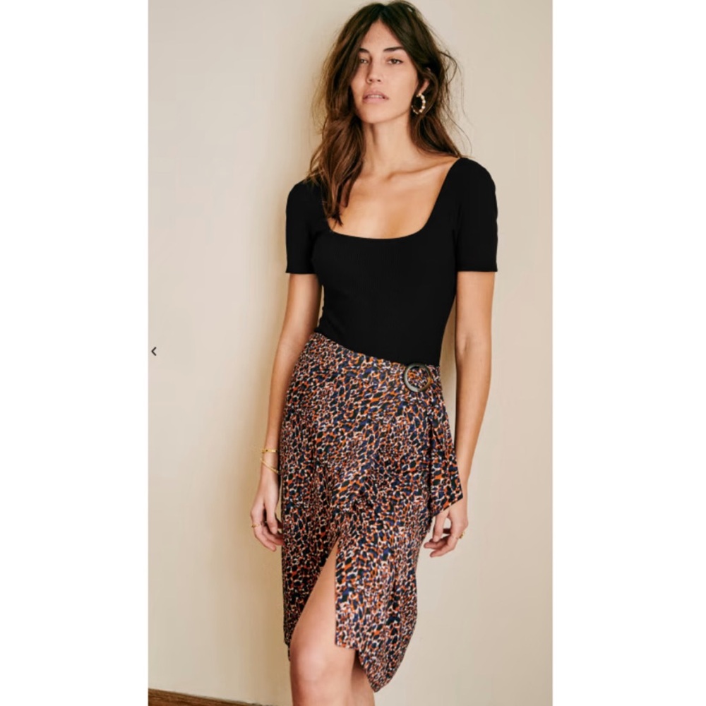 Sezane Jupe Daisie Wrap Skirt Adjustable Buckle Leopard Printed Bleu Camel 4 NWT